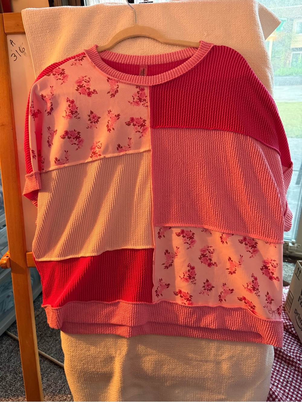 Simply Southern Pink Patchwork Floral & Ribbed Pullover